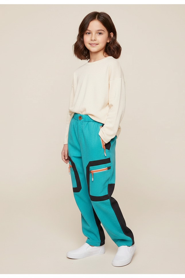 Pantalon Baggy Turquoise Cargo Zippé Enfant - Bleu Molleton