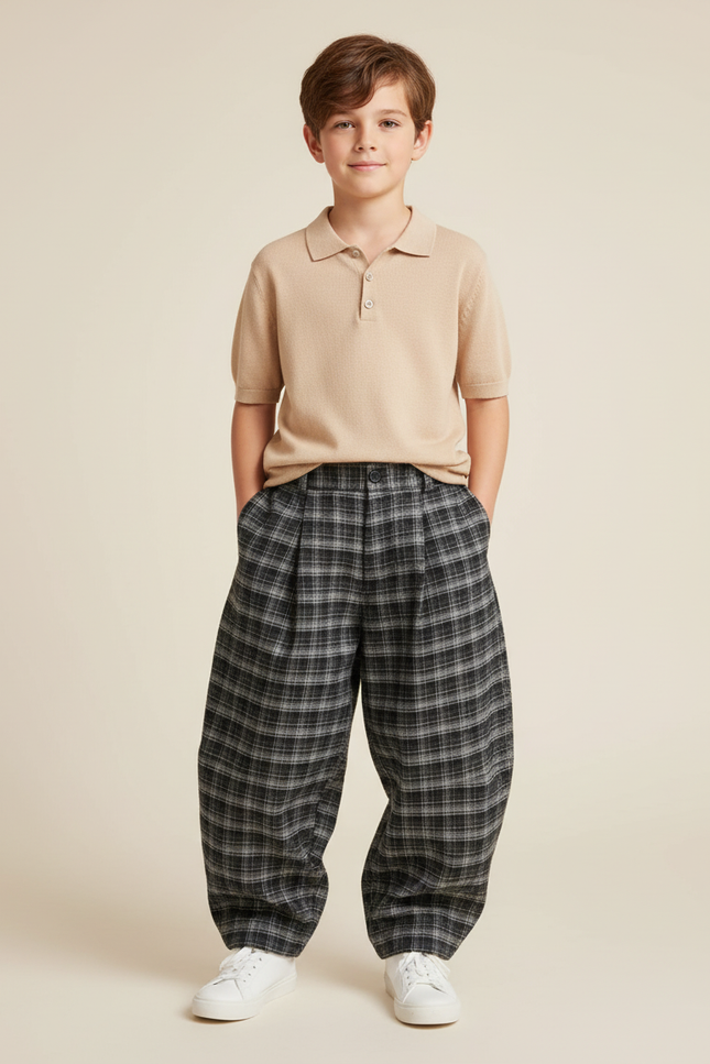 Pantalon Baggy Carreaux Plissé Ample Chaud Enfant - Gris Tweed