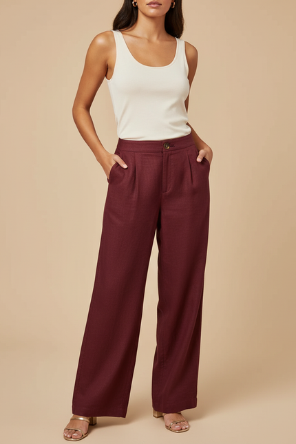 Pantalon Baggy Bordeaux Plissé Ample Fluide Élégant - Lin