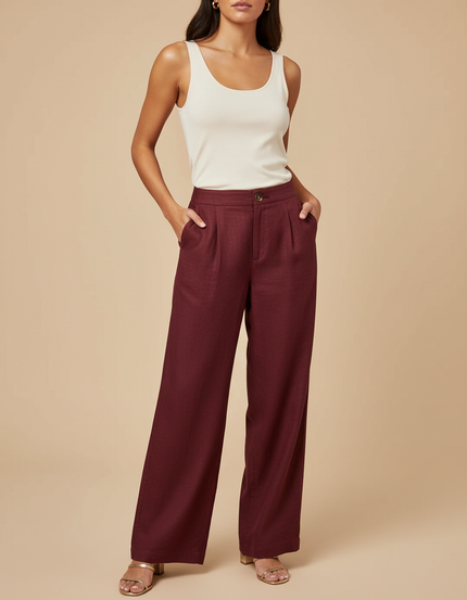 Pantalon Baggy Bordeaux Plissé Ample Fluide Élégant - Lin