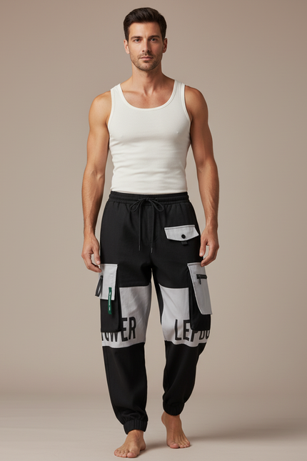 Pantalon Baggy Noir Cargo Imprimé Ample Joggers Homme - Polyester