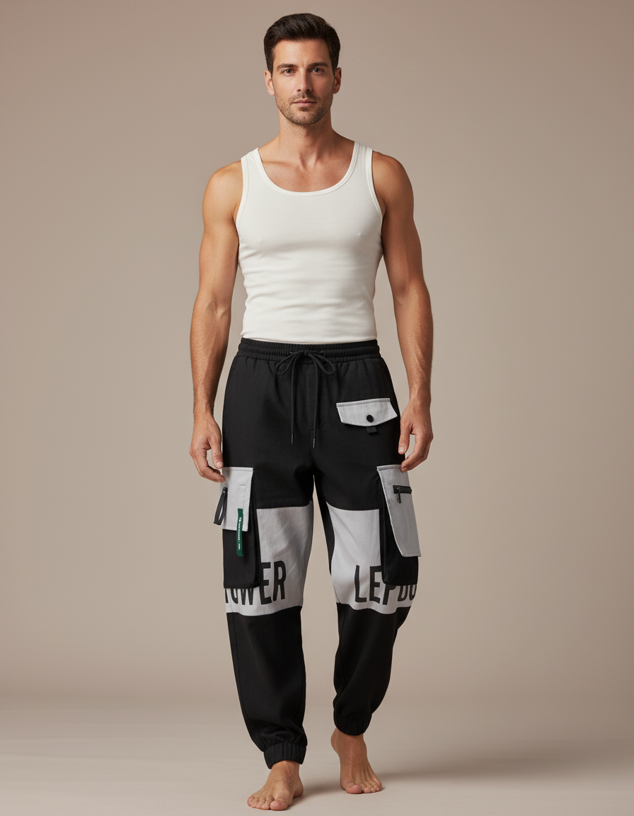 Pantalon Baggy Noir Cargo Imprimé Ample Joggers Homme - Polyester