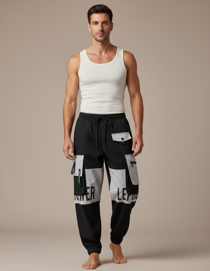 Pantalon Baggy Noir Cargo Imprimé Ample Joggers Homme - Polyester