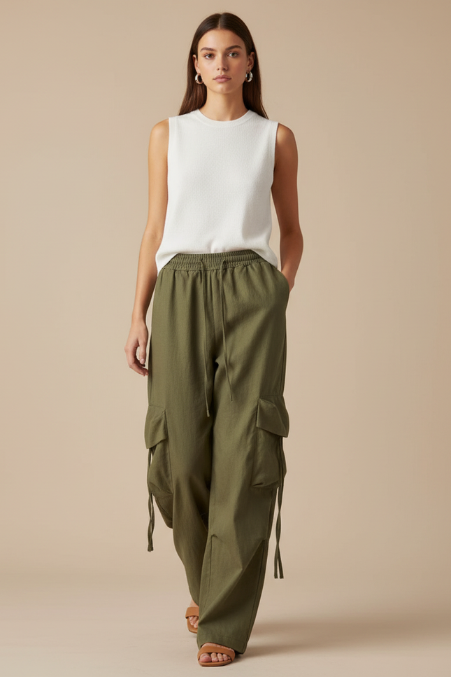 Pantalon Baggy Vert Kaki Ample Cargo Décontracté - Lin