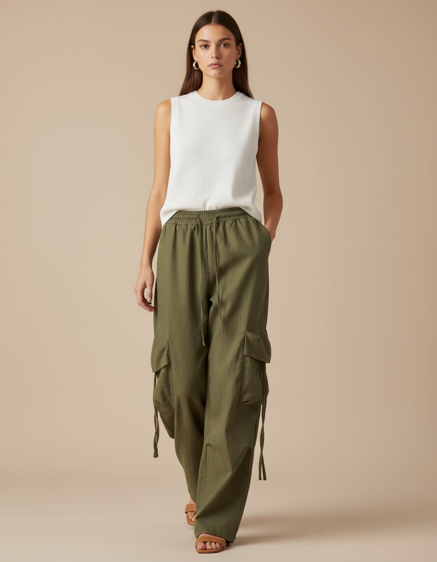Pantalon Baggy Vert Kaki Ample Cargo Décontracté - Lin