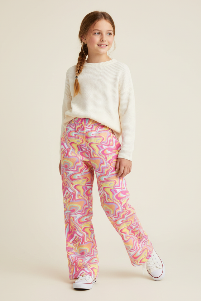 Pantalon Baggy Imprimé Marbré Coloré Fluide Fille - Multicolore Polyester