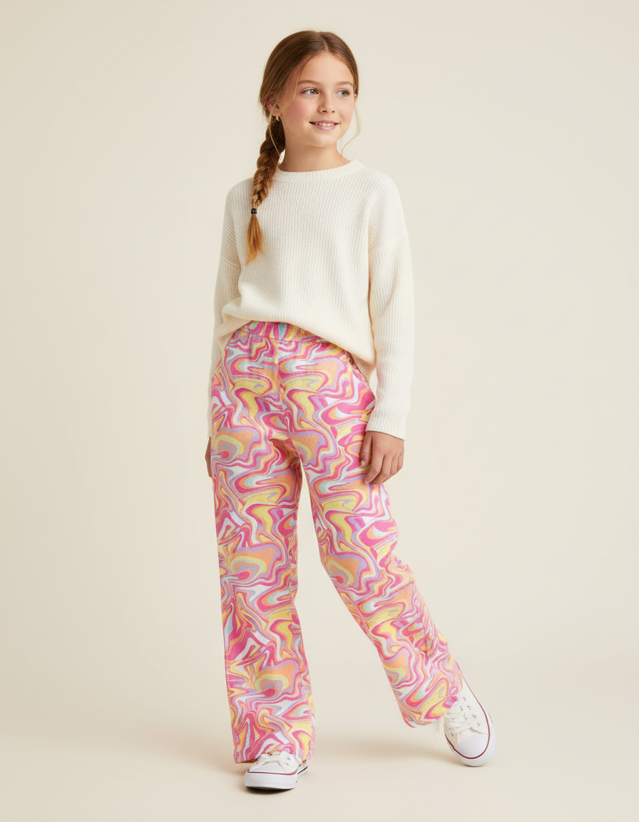 Pantalon Baggy Imprimé Marbré Coloré Fluide Fille - Multicolore Polyester