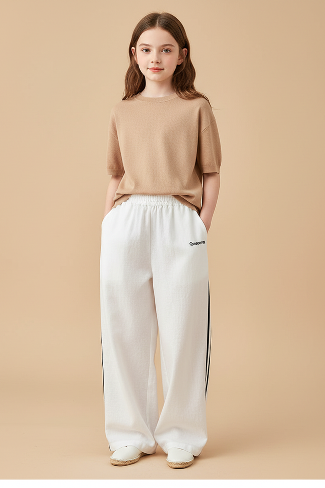 Pantalon Baggy Blanc Rayures Noires Ample Décontracté Enfant - Lin
