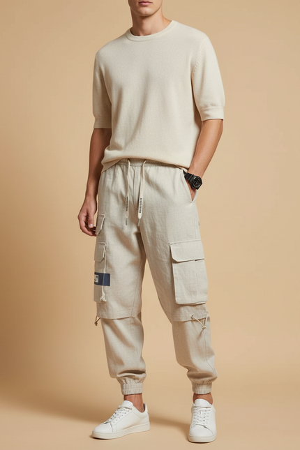 Pantalon Baggy Beige Lin Cargo Ample Homme