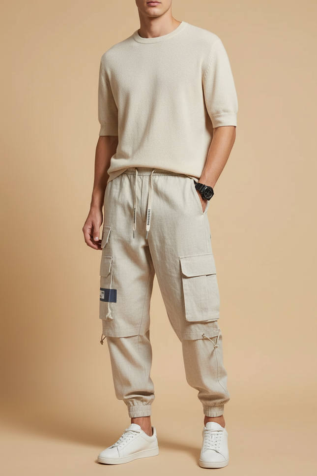 Pantalon Baggy Beige Lin Cargo Ample Homme