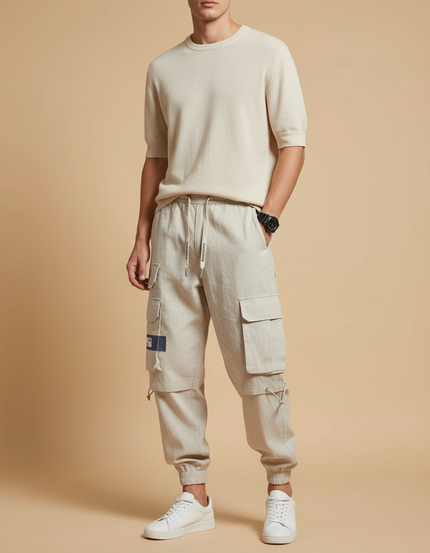 Pantalon Baggy Beige Lin Cargo Ample Homme