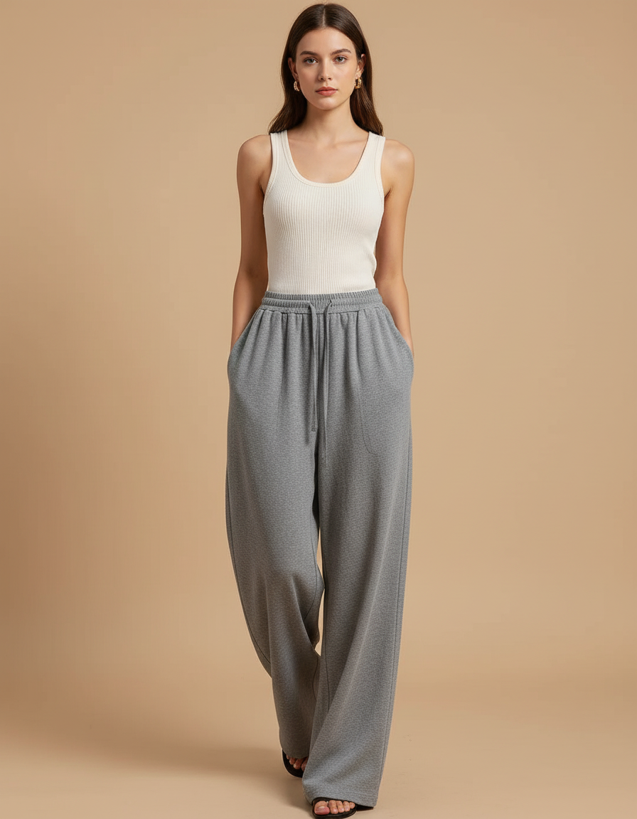 Pantalon Baggy Gris Ample Molletonné Décontracté Fluide