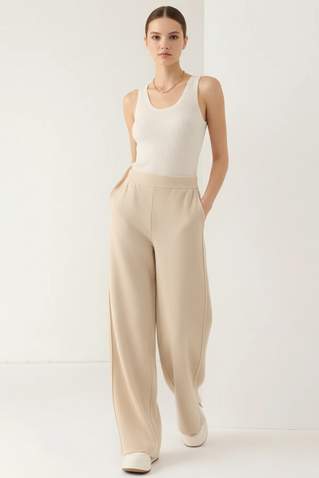 Pantalon Baggy Beige Laine Ample Tricoté Élégant