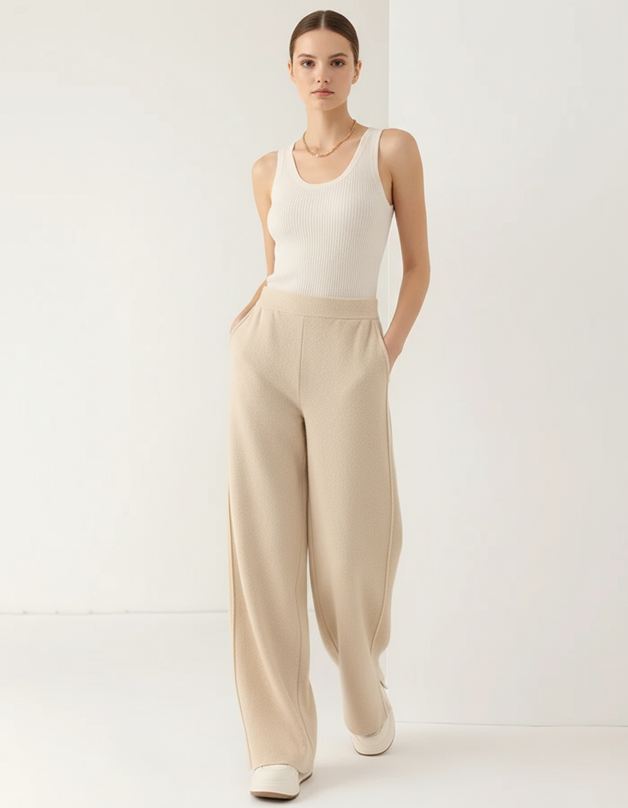 Pantalon Baggy Beige Laine Ample Tricoté Élégant