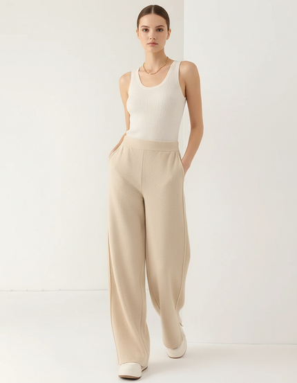Pantalon Baggy Beige Laine Ample Tricoté Élégant