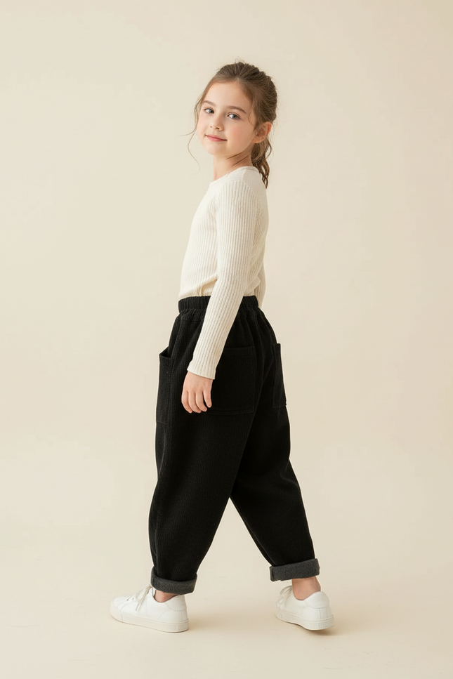 Pantalon Baggy Noir Côtelé Ample Épais Hiver - Cordé
