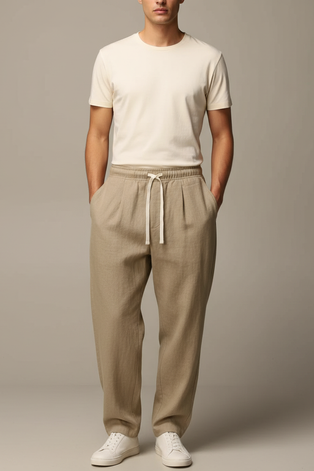 Pantalon Baggy Beige Lin Plissé Décontracté Homme
