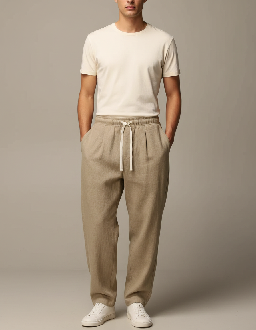 Pantalon Baggy Beige Lin Plissé Décontracté Homme