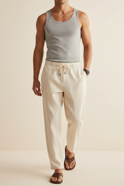 Pantalon Baggy Crème Lin Ample Cordon Décontracté - Beige
