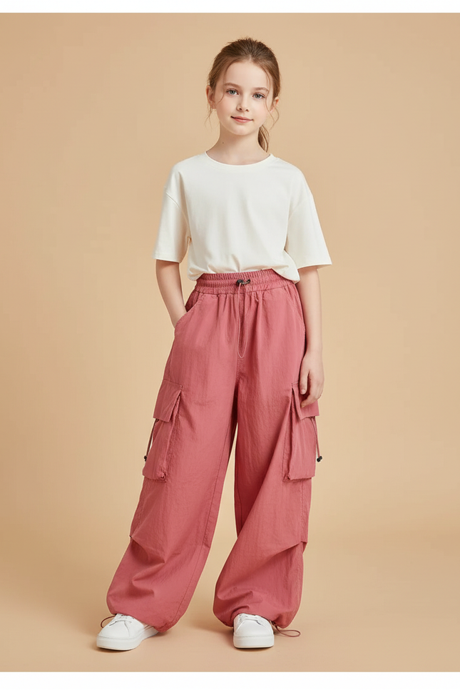 Pantalon Baggy Rose Cargo Ample Décontracté Fille - Polyester