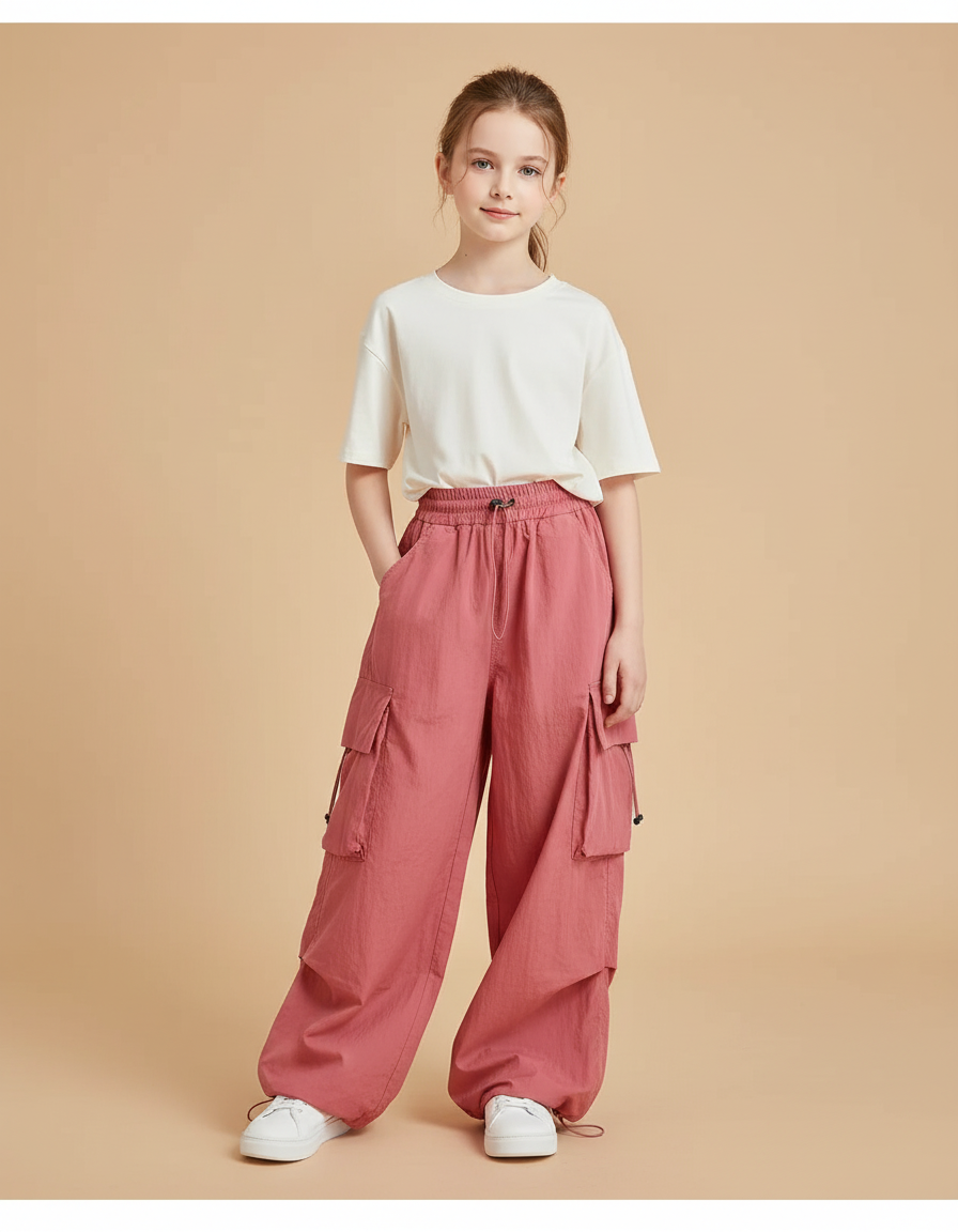 Pantalon Baggy Rose Cargo Ample Décontracté Fille - Polyester