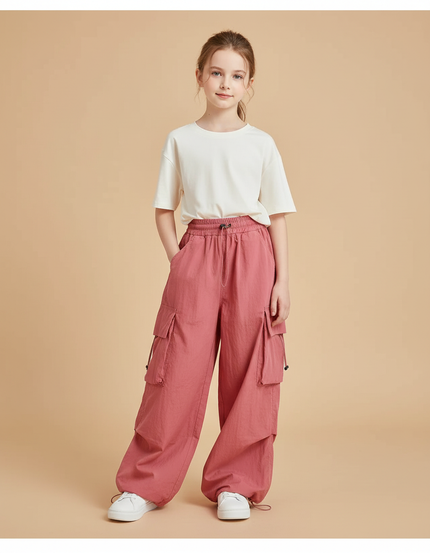 Pantalon Baggy Rose Cargo Ample Décontracté Fille - Polyester