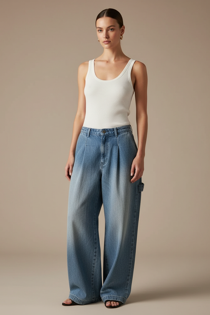 Pantalon Baggy Jean Bleu Délavé Ample Plissé
