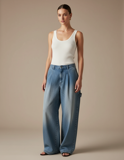 Pantalon Baggy Jean Bleu Délavé Ample Plissé