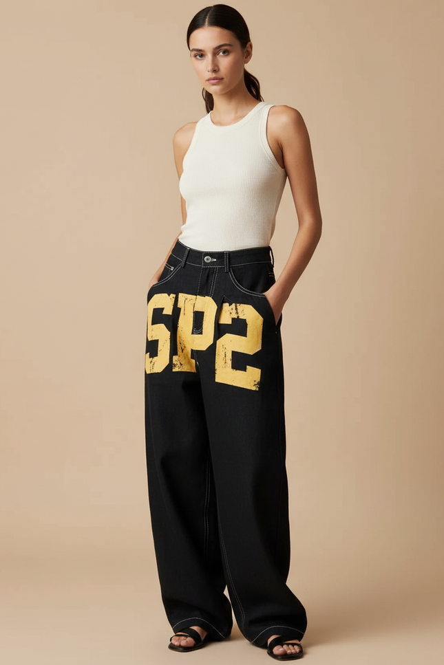 Pantalon Baggy Noir Denim Large Imprimé Y2K Femme - Jean