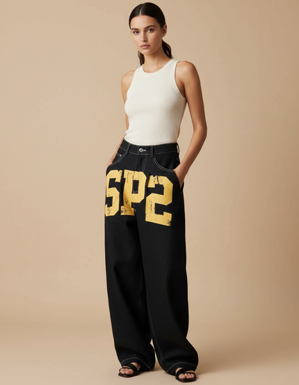 Pantalon Baggy Noir Denim Large Imprimé Y2K Femme - Jean