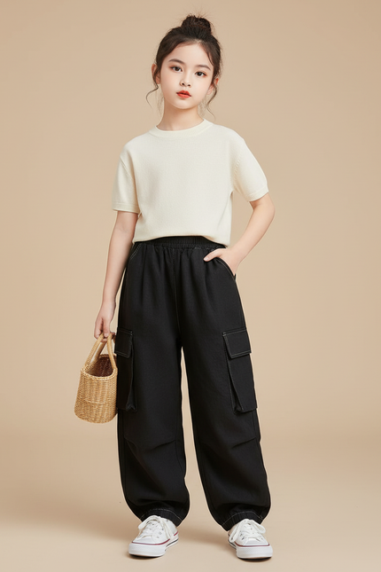 Pantalon Baggy Noir Cargo Ample Décontracté Fille - Coton