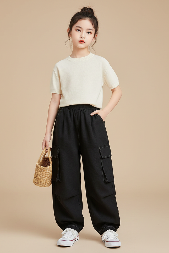 Pantalon Baggy Noir Cargo Ample Décontracté Fille - Coton
