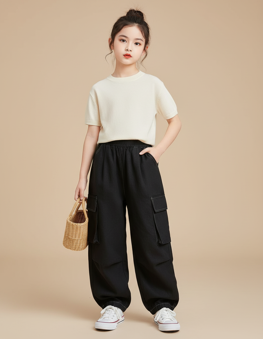 Pantalon Baggy Noir Cargo Ample Décontracté Fille - Coton