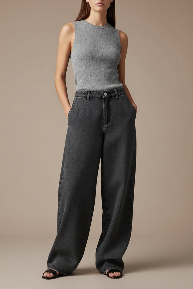 Pantalon Baggy Gris Délavé Ample Décontracté Femme - Jean
