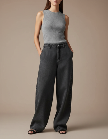 Pantalon Baggy Gris Délavé Ample Décontracté Femme - Jean