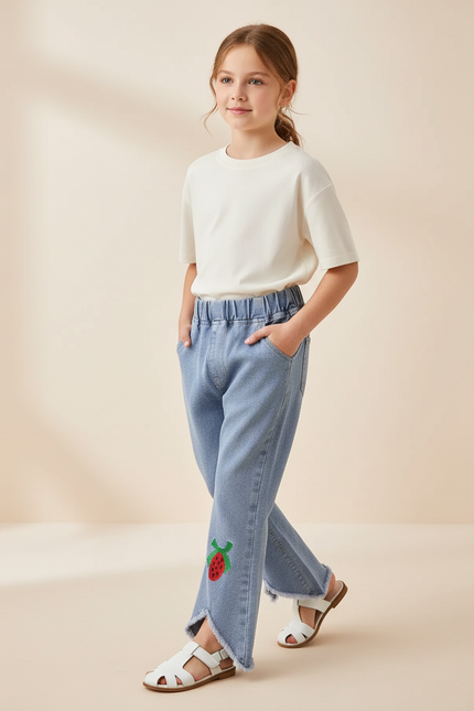 Pantalon Baggy Jean Bleu Fraise Ample Fille