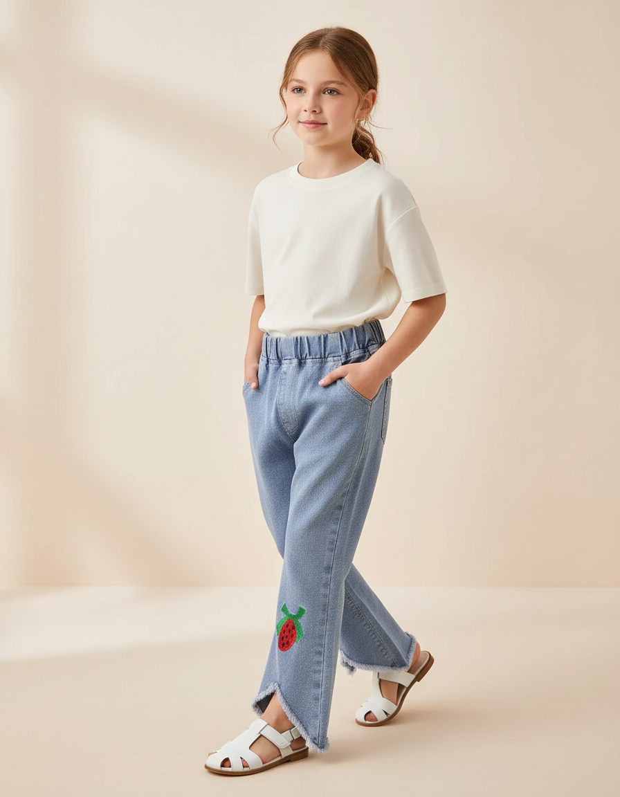 Pantalon Baggy Jean Bleu Fraise Ample Fille