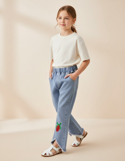 Pantalon Baggy Jean Bleu Fraise Ample Fille
