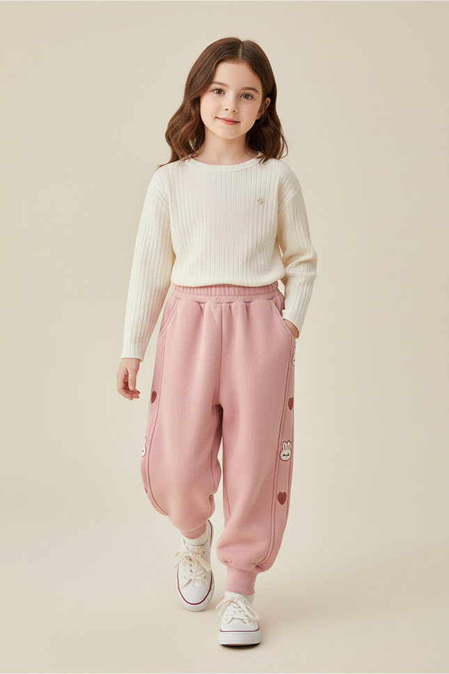 Pantalon Baggy Rose Velours Lapin Cœurs Hiver - Molleton