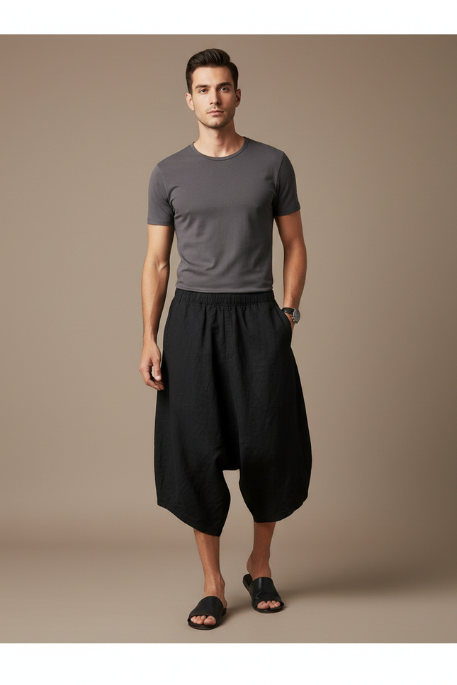 Pantalon Baggy Noir Lin Ample Homme Décontracté