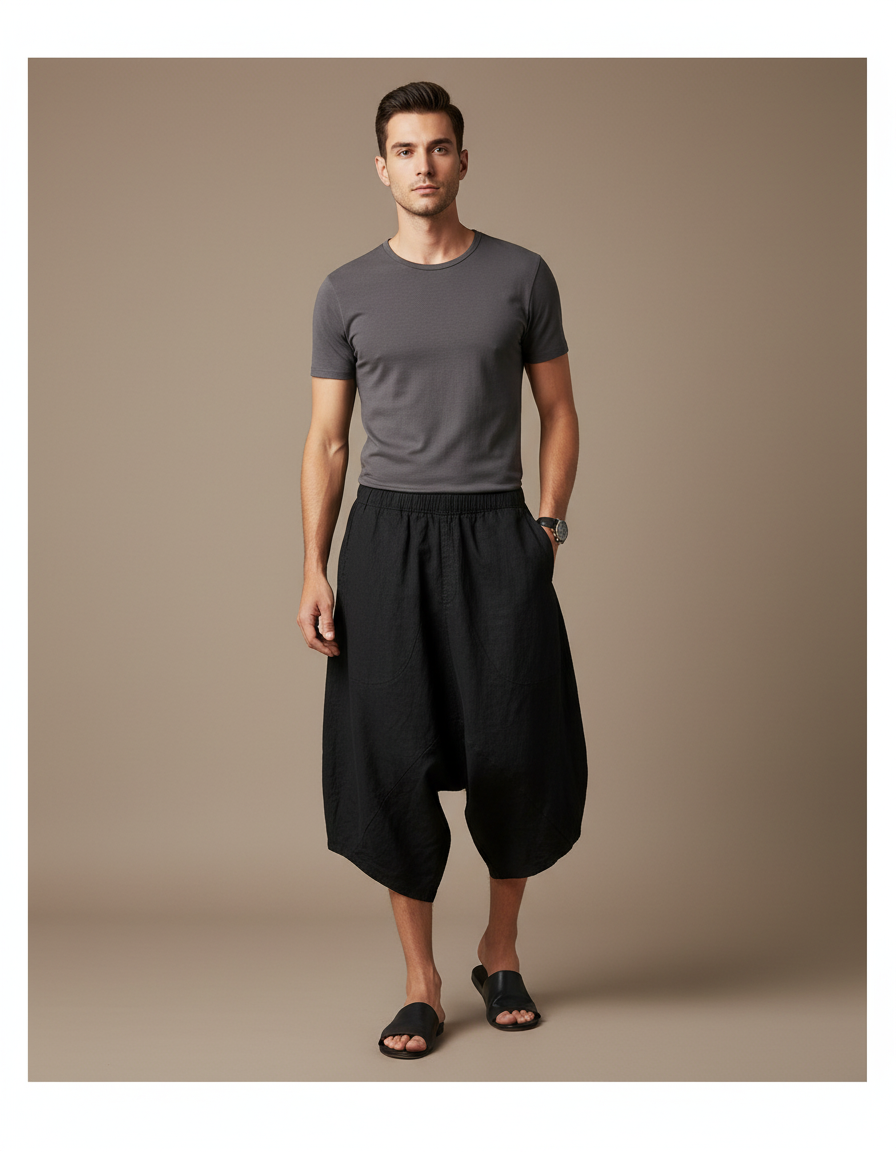 Pantalon Baggy Noir Lin Ample Homme Décontracté
