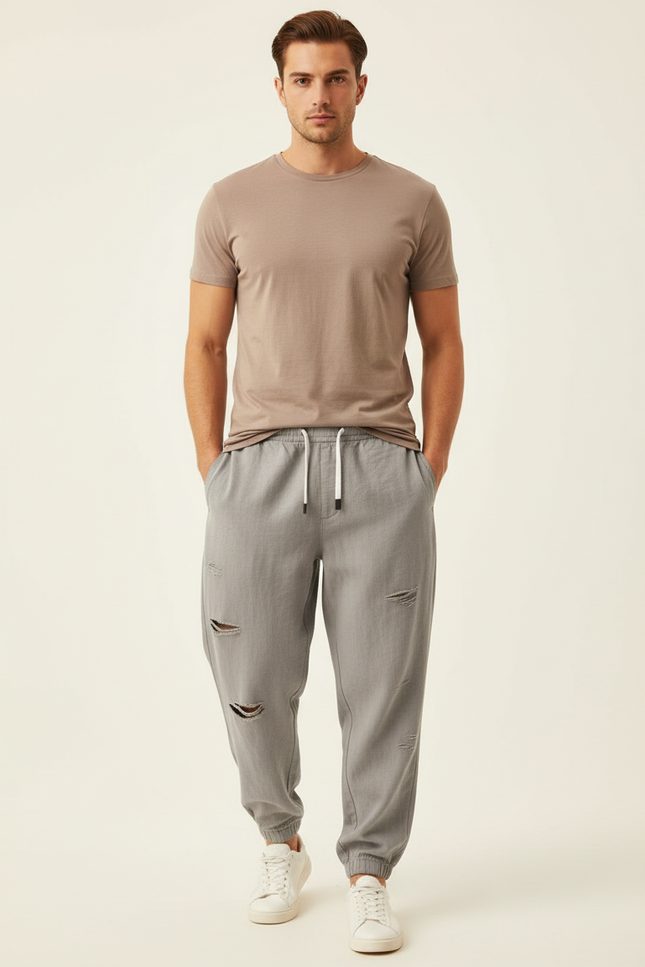 Pantalon Baggy Gris Déchiré Cordon Homme Sport - Toile