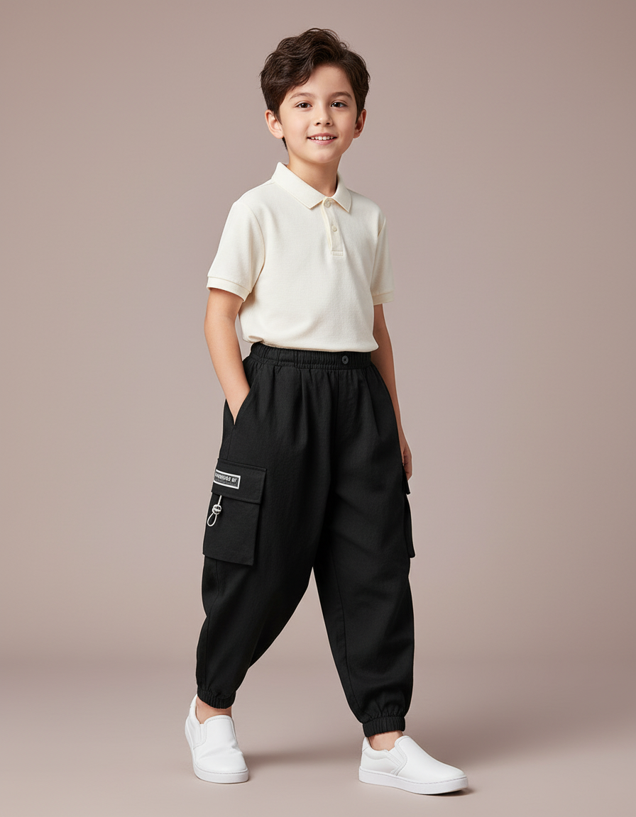 Pantalon Baggy Noir Cargo Ample Décontracté Garçon - Toile