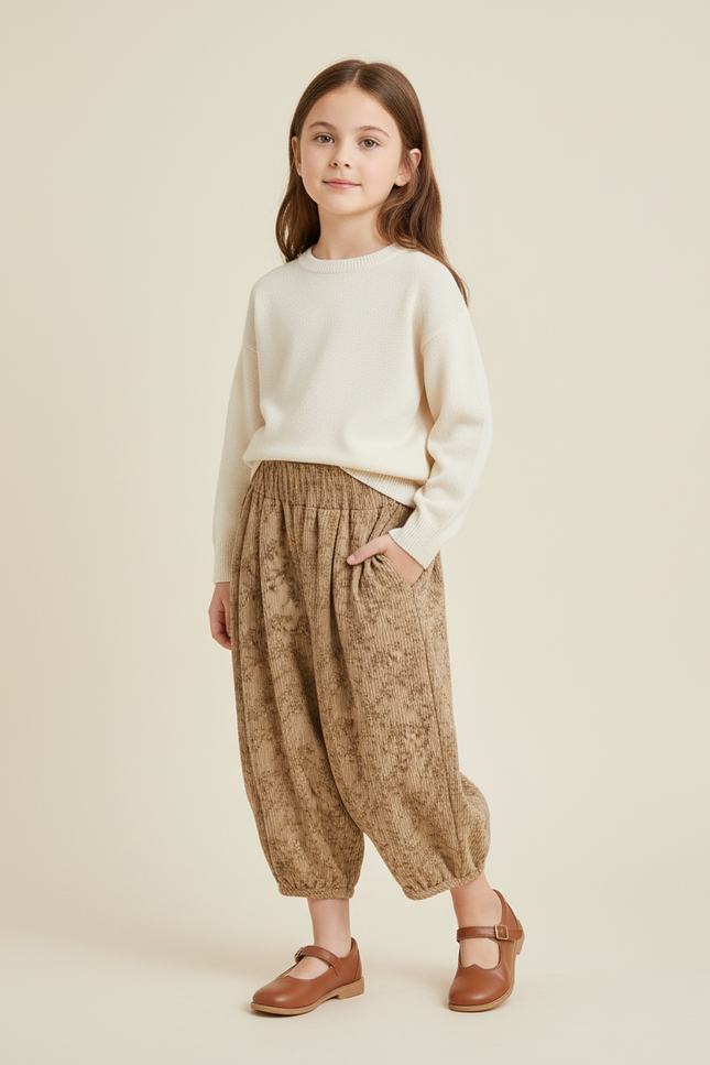 Pantalon Baggy Côtelé Imprimé Fleuri Marron Ample Enfant - Cordé