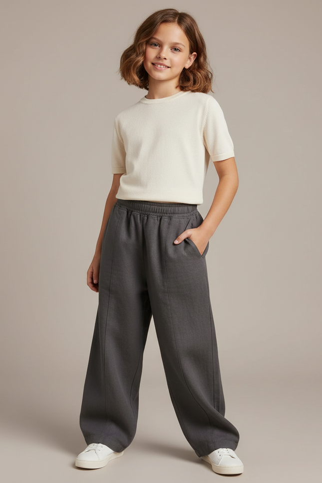 Pantalon Baggy Gris Ample Taille Haute Fille - Gabardine