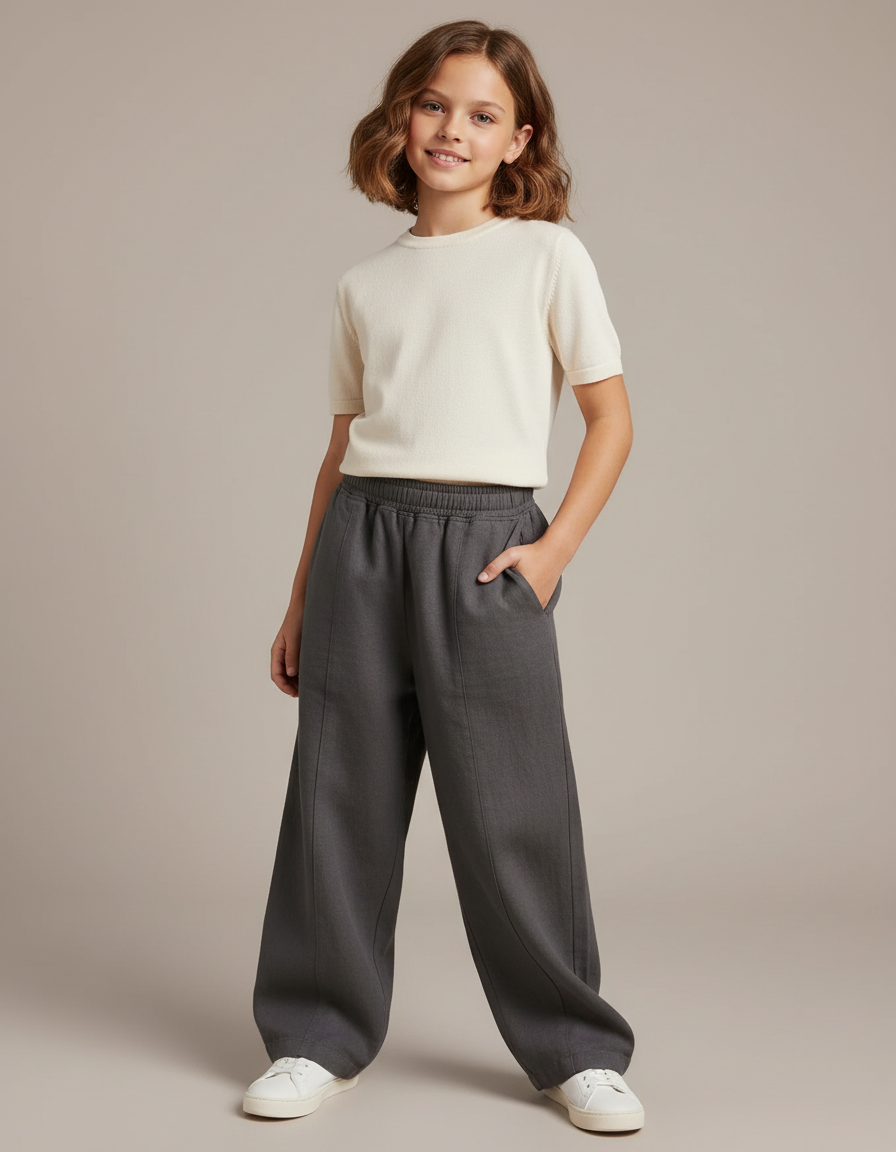 Pantalon Baggy Gris Ample Taille Haute Fille - Gabardine