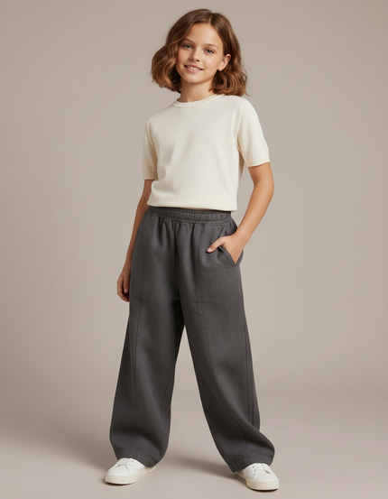 Pantalon Baggy Gris Ample Taille Haute Fille - Gabardine