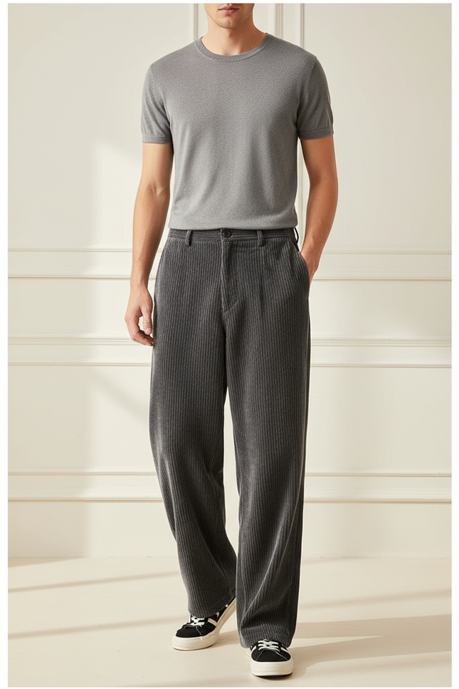 Pantalon Baggy Gris Côtelé Ample Décontracté Homme - Cordé