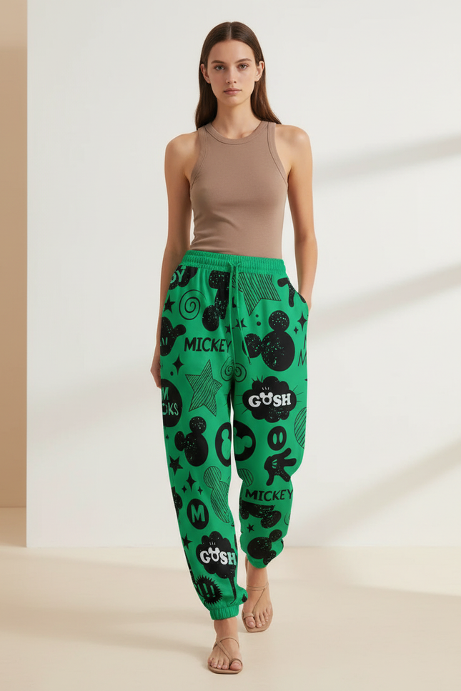 Pantalon Baggy Vert Imprimé Mickey Décontracté Cordon - Molleton