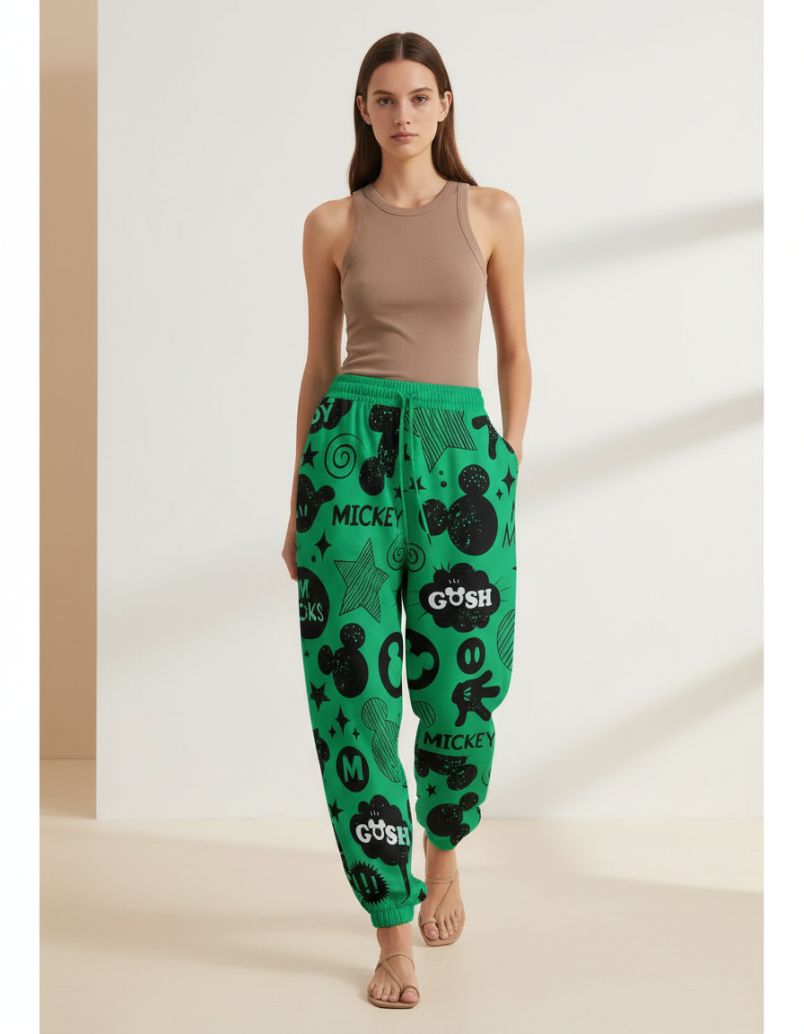 Pantalon Baggy Vert Imprimé Mickey Décontracté Cordon - Molleton